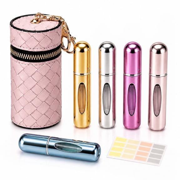5 Pack 5ml Refillable Perfume Travel Atomizer, Leakproof Portable Travel Perfume Spray Bottle with Bag & Stickers