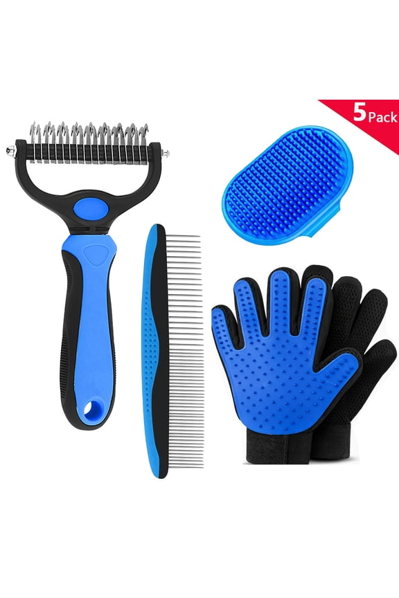 5PCS Pet Grooming Brush, Double Sided Shedding and Dematting Undercoat Rake Comb for Dogs and Cats, Large (Rake, Gloves, Comb & Bath Brush)