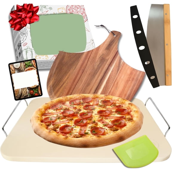 5PCS Pizza Making Accessories Kit - 15 inch Pizza Stone with Handles, Pizza Peel, Pizza Cutter, Dough Tool - Baking Stone for Bread - Large Rectangular Oven Stones