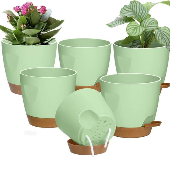 5PCS Plant Pots Set,7/6.5/6/5.5/5 Inch Self Watering Planters with Drainage Hole and Saucers,Plastic Flower Pots,Nursery Planting Pot for Indoor Outdoor Plants, Flowers, and Cactus,Green（Green）