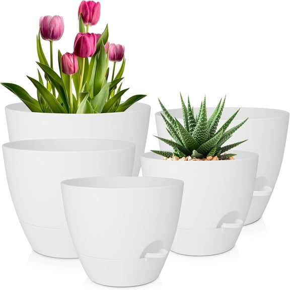 5PCS Plant Pots Set,7/6.5/6/5.5/5 Inch Self Watering Planters with Drainage Hole and Saucers,Plastic Flower Pots,Nursery Planting Pot for Indoor Outdoor Plants, Flowers, and Cactus,Green(White)