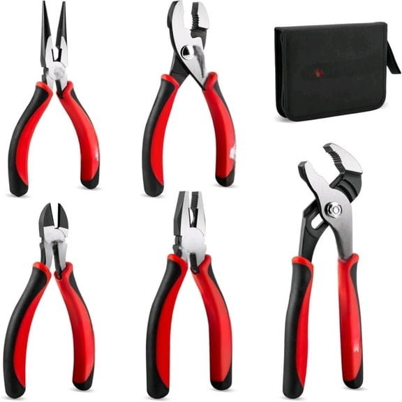 5PCS Pliers Set with Bi-Material, Including 6" Slip-joint, Long Nose, Diagonal Cutters, 7" Linesman Plier, 8" Groove Joint Pliers, for Home Maintenance, Basic Repair & DIYHTPTM25035-N3