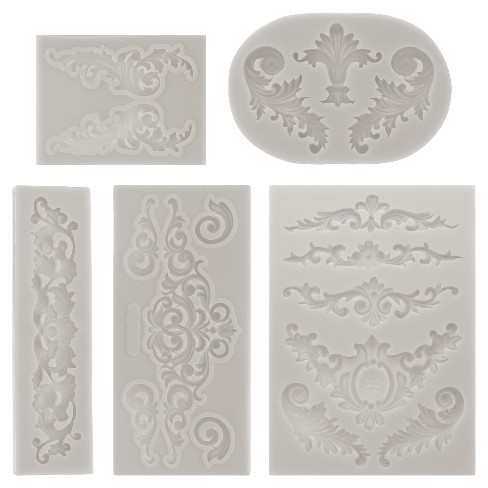 Uxcell 5 Pcs Polymer Clay Mold, Clay Mold Fondant Mold 3D Baroque Lod-Mold Silicone for Crafts Air Dry DIY Cake Grey