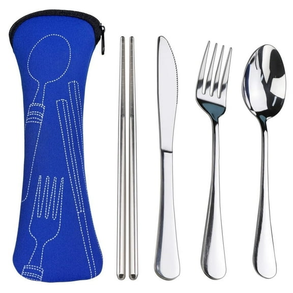 5PCS Portable Silverware Set with Case,Travel Camping Utensils Set,Premium Stainless Steel Travel Cutlery Set,Reusable Safe Flatware Sets for Lunch Box/Workplace/Students,Silver