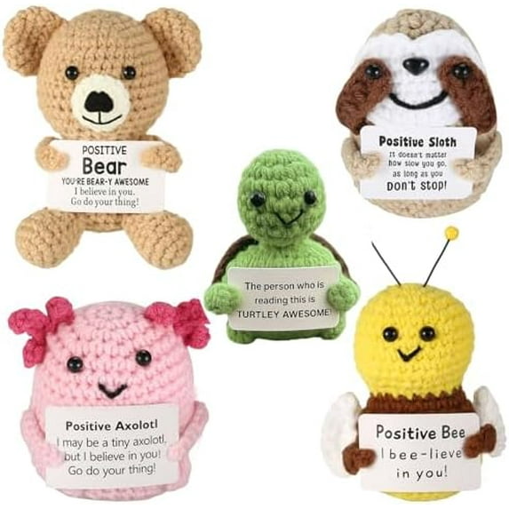 5PCS Positive Crochet Animal Gifts - Inspirational Emotional Support Crochet Animals Handmade Funny Sloth Motivational Knitted Gifts for Women, Men, Birthday, Christmas, Encouragement