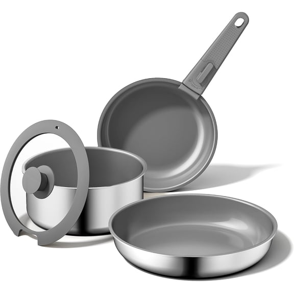 5PCS Pots and Pans Set Non Stick, Diamond-Titanium Ceramic Cookware Set & 3 Layer Stainless Steel with Detachable Handle, Induction Cookware, Non Toxic Oven/Dishwasher Safe