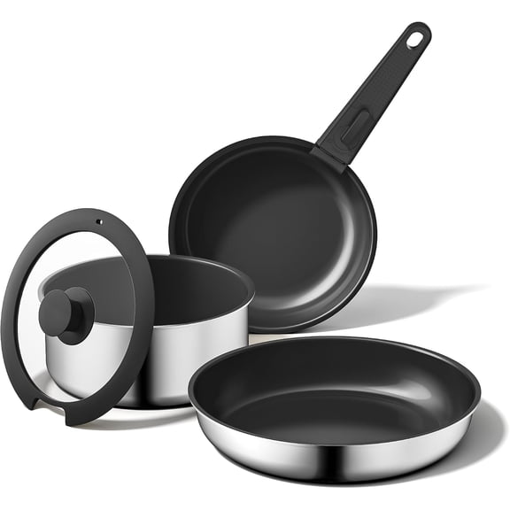 5PCS Pots and Pans Set Non Stick, Diamond-Titanium Ceramic Cookware Set & 3 Layer Stainless Steel with Detachable Handle, Induction Cookware, Non Toxic Oven/Dishwasher Safe