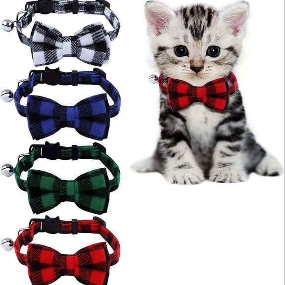 5PCS Preppy Plaid Bow Tie Cat Collar with Bell, Adjustable Nylon Breakaway Collars for Small Pets in Assorted Colors