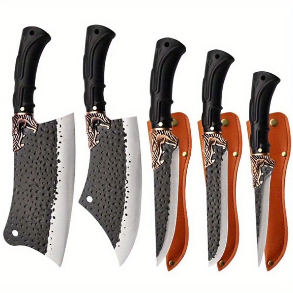 5PCS, Professional Kitchen Chef Knife Set, Stainless Steel Handmade Forged Knife Utility Knife Boning Knife Cutting Knife Fish Knife Butcher Knife Meat Cleaver for Kitchen Convenience Vegetable Knife