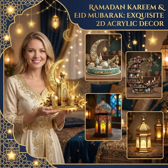 5PCS Ramadan Acrylic Crescent Moon Lantern Decor Set 7.87 Inches Tabletop Islamic Festival Ornaments for Living Room Display, Eid Mubarak Home Decoration Accent