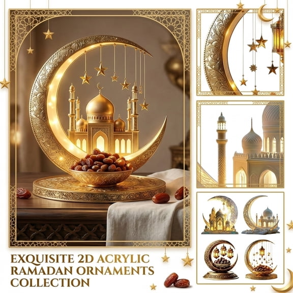 5PCS Ramadan Acrylic Crescent Moon Lantern Decor Set 7.9 Inches Tabletop Islamic Festival Ornaments for Living Room Display, Eid Mubarak Home Decoration Accent