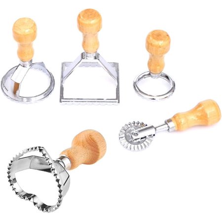 5PCS Ravioli Stamp Set, Ravioli Cutters with Wooden Handle and Fluted Edge Pastr