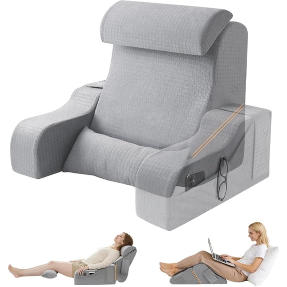 5PCS Reading Pillow for Sitting in Bed Adult, 2 in 1 Foldable Back Wedge Pillow for Sleep, Ergonomic Back Support Pillow with Arms for Watching TV, Gaming, Working, Recovery, 19” Grey