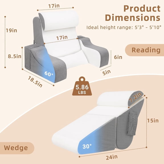 5PCS Reading Pillow for Sitting in Bed Adult, 2 in 1 Foldable Back Wedge Pillow for Sleep, Ergonomic Back Support Pillow with Arms for Watching TV, Gaming, Working, Recovery, 19” White/Grey