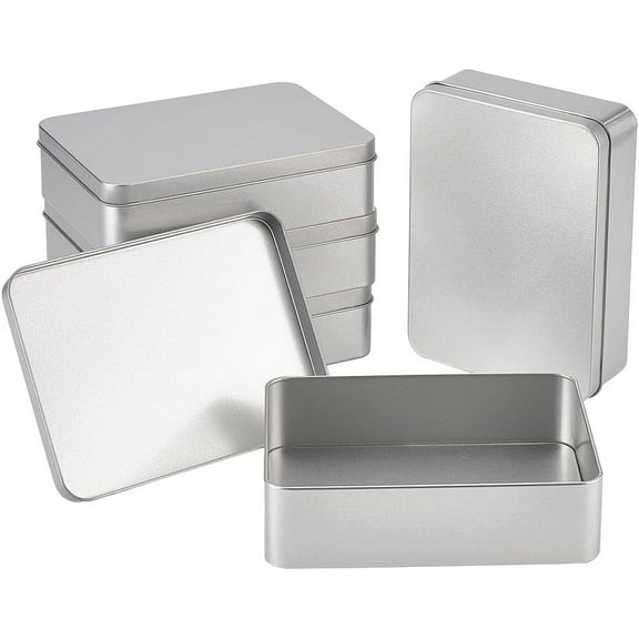 5PCS Rectangle Metal Empty Tins 6x4x1.6 Inch Sliver Airtight Metal Storage Tin Home Organizer with Lids for Small Items Storage Christmas Decorations DIY Matte Silver Color