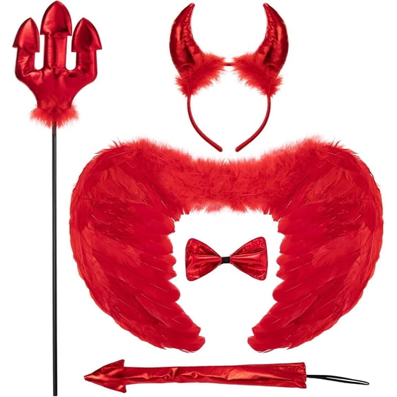 5PCS Red Devil Costume Set for Women, Devil Horn Headband Red Devil Tail Bowtie Red Pitchfork and Red Devil Wings Demon Cosplay Accessories for Halloween Carnival Themed Party
