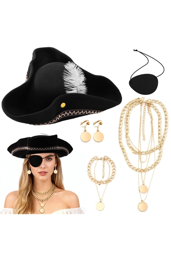 5PCS Renaissance Pirate Costume Accessories Set, Womens Tricorn Hat with Feather, Eye Patch, Layered Necklace, Bracelet, Earrings, Pirate Jewelry Set for Halloween, Cosplay, Themed Party, Carnival