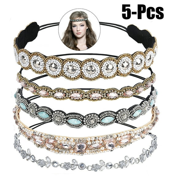 5PCS Rhinestone Headband Fashionable Handmade Crystal Hair Band Wedding Bridal Bohemian Gatsby Headband Headwrap for Women Girls
