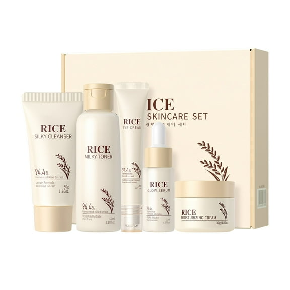 5PCS Rice Face Routine Set, Hydration Face Care Kit, Deeply Moisturize, Shrink Pores, Balances Oil, Improve Skin Elasticity, Gentle Formula for all Skin Type, Skincare Gift Sets for Women Girl