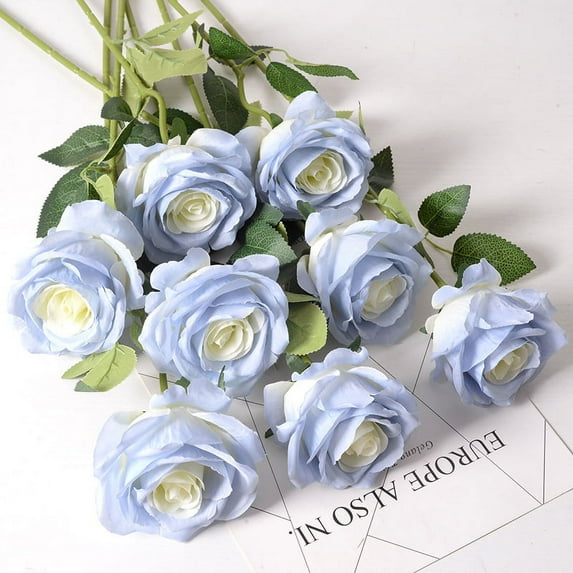 5PCS Roses Artificial Flowers Fake Roses Baby Blue Silk Roses White Silk Flowers Rose with Long Stems for Wedding Home Party Centerpieces Decorations