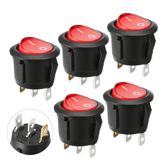 5PCS Round Red Lamp 3 Pins SPST Boat Rocker Switch AC 250V/6A 125V/10A