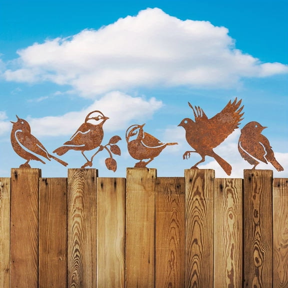 5PCS Rustic Metal Bird Sculptures for Fence Toppers - Weathered Iron Bird Art Silhouettes,Vintage Garden Decor for Outdoor Walls & Borders