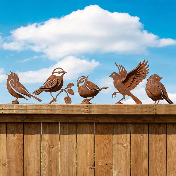 5PCS Rusty Metal Birds Decor,Metal Bird Silhouette Art,Garden Spring Decor Outdoor,Rustic Outdoor Fence Decor,Garden Yard Art Ornaments,Vintage Metal Bird Sculptures for Patio,Tree,Wall,Farmhouse