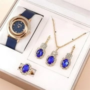 WACHFACTORYSALE 5PCS Set Fashion Women Watches Simple Ladies Business White Leather Quartz Watch Womens Necklace Earrings Bracelet Wristwatch Blue