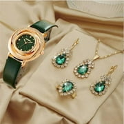 WACHFACTORYSALE 5PCS Set Fashion Women Watches Simple Ladies Business White Leather Quartz Watch Womens Necklace Earrings Bracelet Wristwatch green