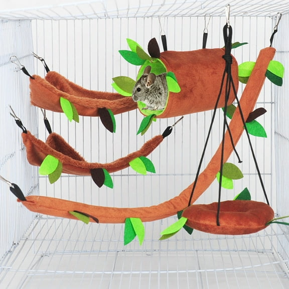 5PCS/Set Hamster Hammock Small Animals Hanging Warm Bed House Cage Nest Accessories Forest Pattern Cage Toy Leaf Hanging Tunnel and Swing for Sugar Glider Squirrel Hamster Playing Sleeping