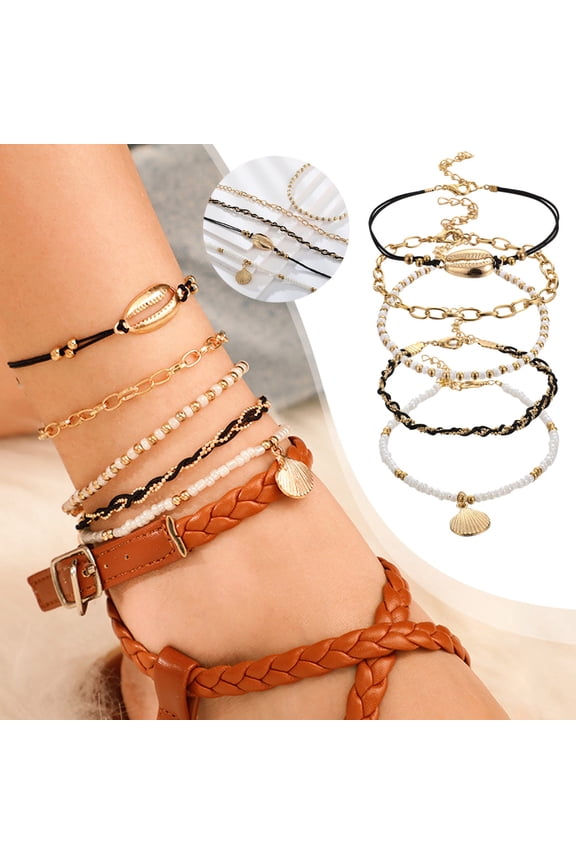 5PCS Shell Ankle Bracelet Set for Women, Boho Bead Adjustable Anklet, Beach Seashell Pearl Heart Starfish Conch Foot Jewelry Gifts