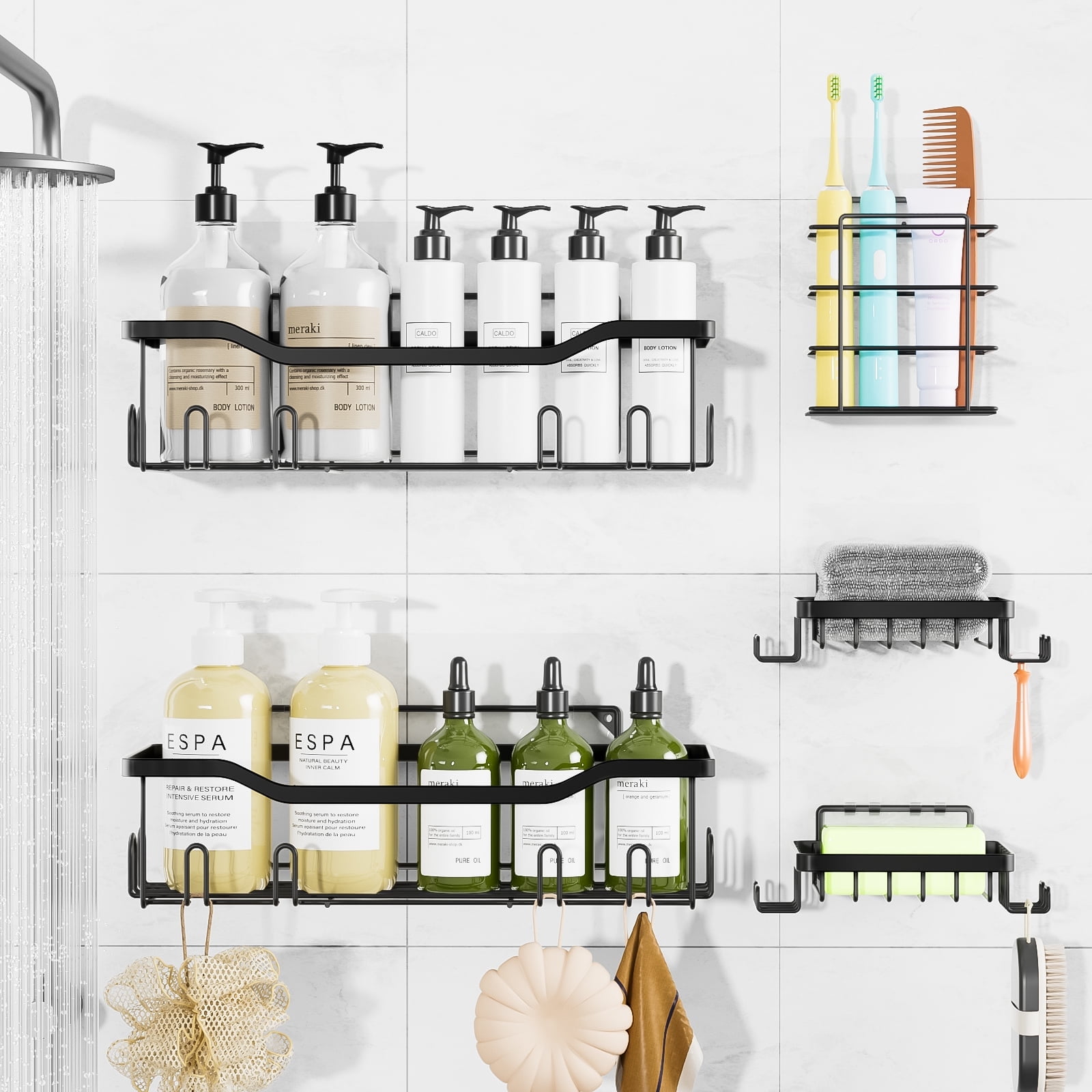 Adhesive Shower Caddy, 5 Pack Rustproof Stainless Steel Bath Organizers with Toothbrush Holder, 2 Soap Dish & 24 Hooks for Inside Shower, No Drilling Bathroom Storage Shelves for Home Decor, Black - Walmart.com