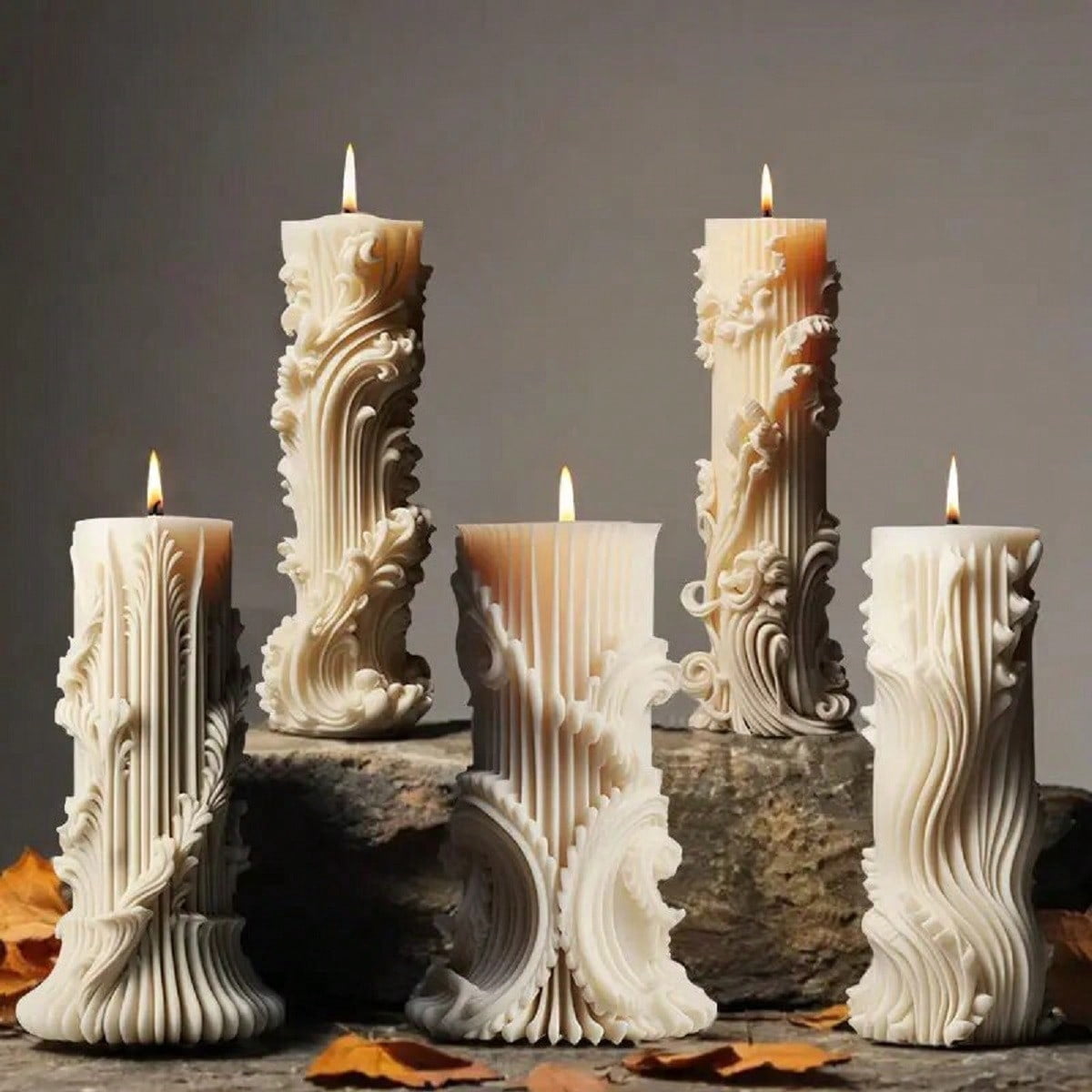 5PCS Silicone Candle Molds Set, 3D Baroque Irregular Shaped Molds Silicone, European Cylinder DIY Resin Wax Molds for Soap Candle Making, Home Decoration