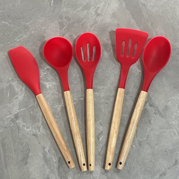 5PCS Silicone Utensil Set, Kitchen Utensil Set, Safety Cooking Utensils Set, Non-Stick Cooking Utensils Set With Wooden Handle, Washable Modern Cookware, Kitchen Stuff, Kitchen Gadgets, Kitchen Essent