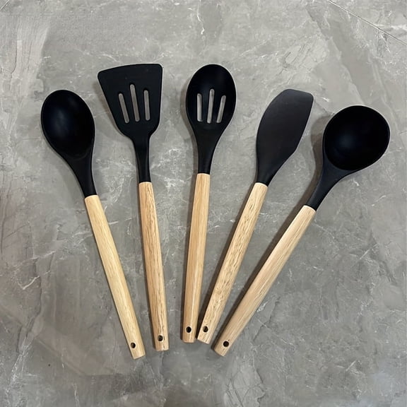 5PCS Silicone Utensil Set, Kitchen Utensil Set, Safety Cooking Utensils Set, Non-Stick Cooking Utensils Set With Wooden Handle, Washable Modern Cookware, Black