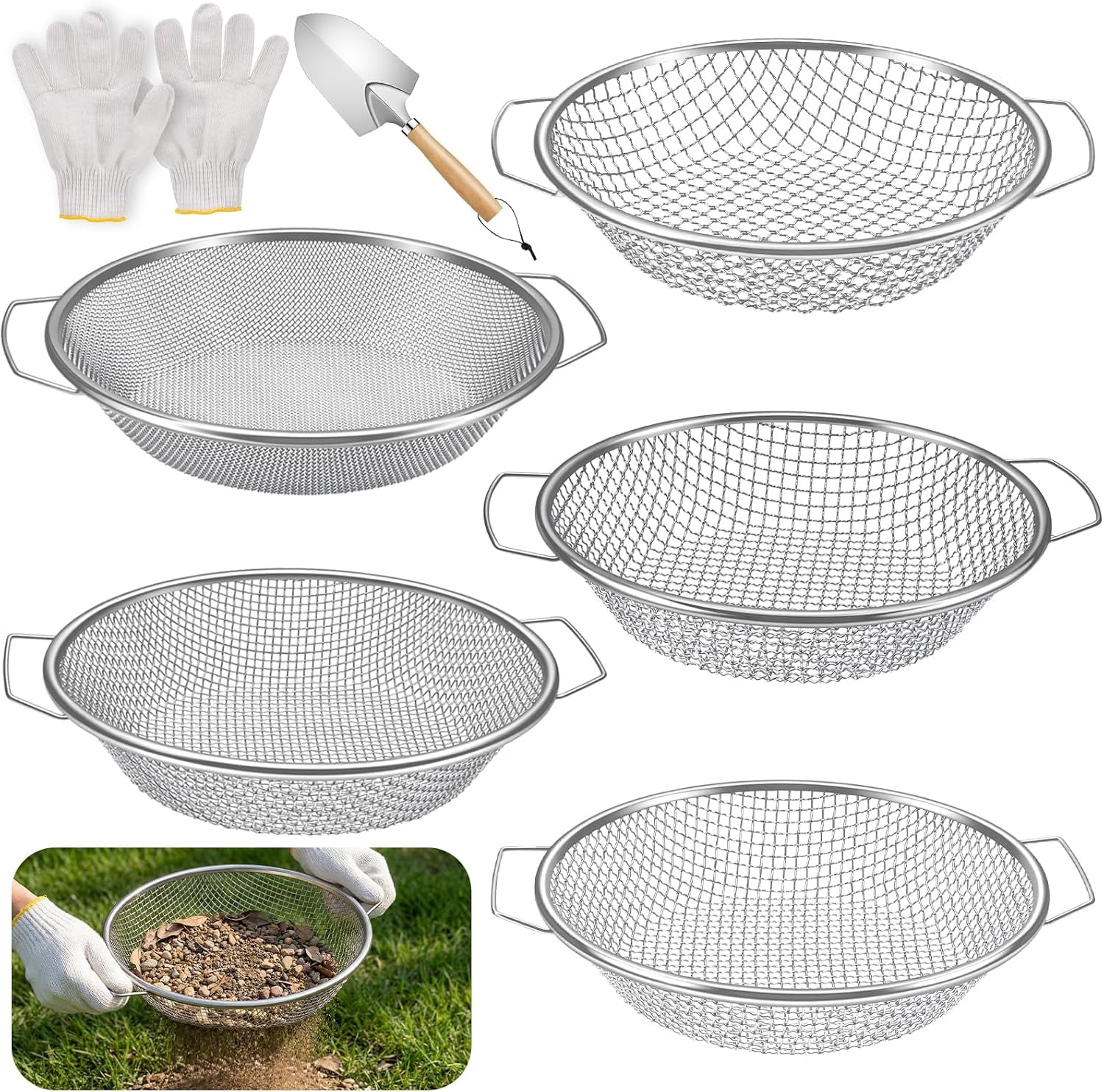 Compester Recipe 5PCS Soil Sifter 2,4,6,8,10mm Rock Sifting Screen with Handle Shovel ...