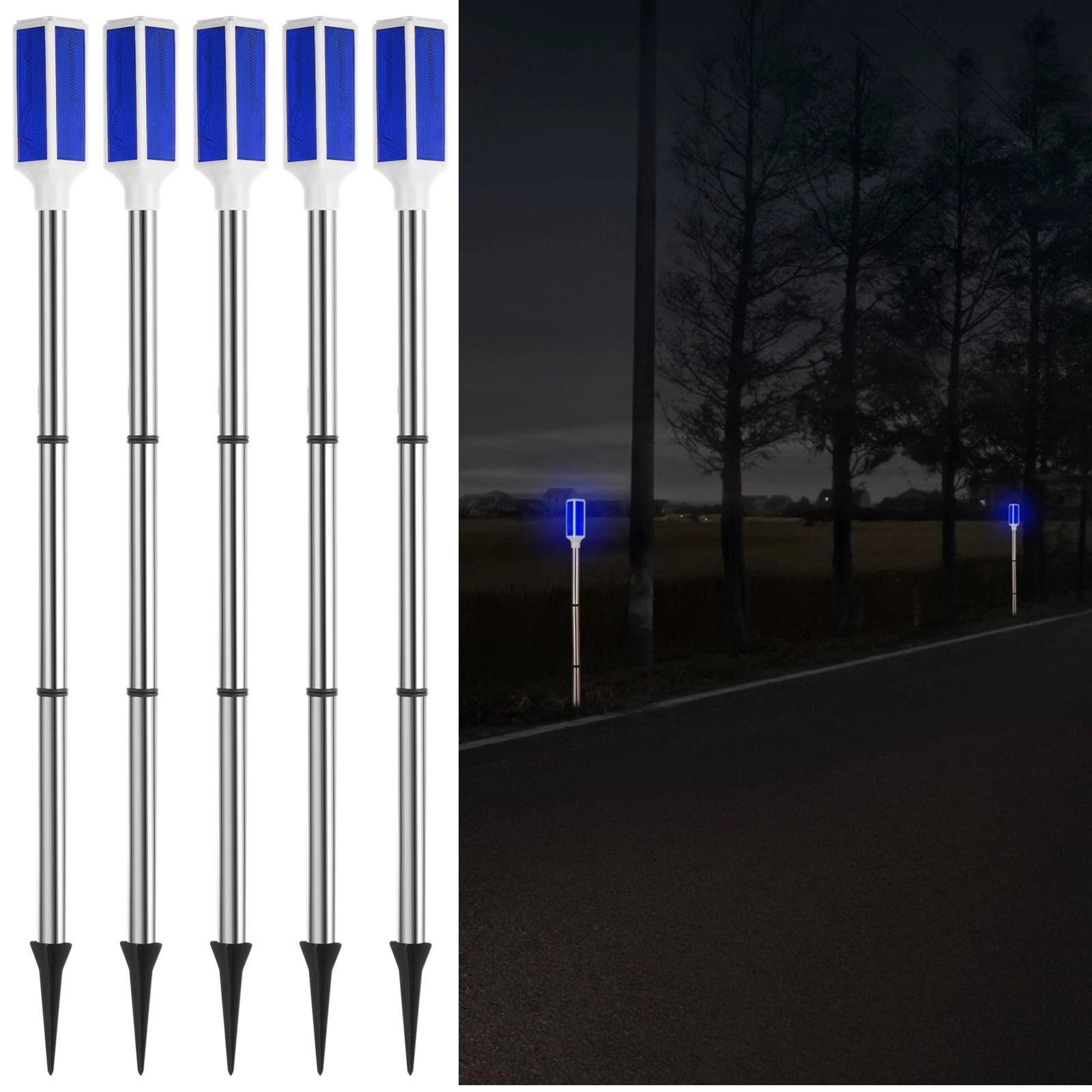 5PCS Solar Powered Driveway Markers, Solar Warming Landscape Lights, Blue Solar Outdoor Driveway Lights, Landscape Driveway Reflectors on Poles for Snow Road Yard