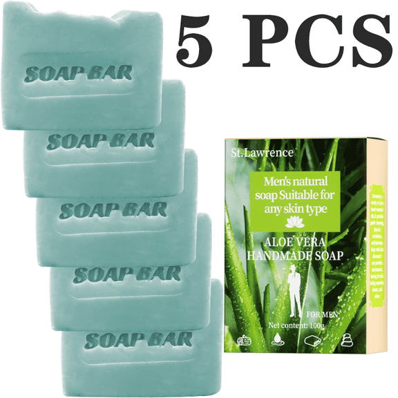 5PCS St. Lawrence Men's Aloe Vera Handmade Soap Bar 100g, Natural Aloe Extract & Jojoba Oil, Moisturizing Refreshing Cleansing Soap for All Skin Types, Cooling Scent Bath Soap
