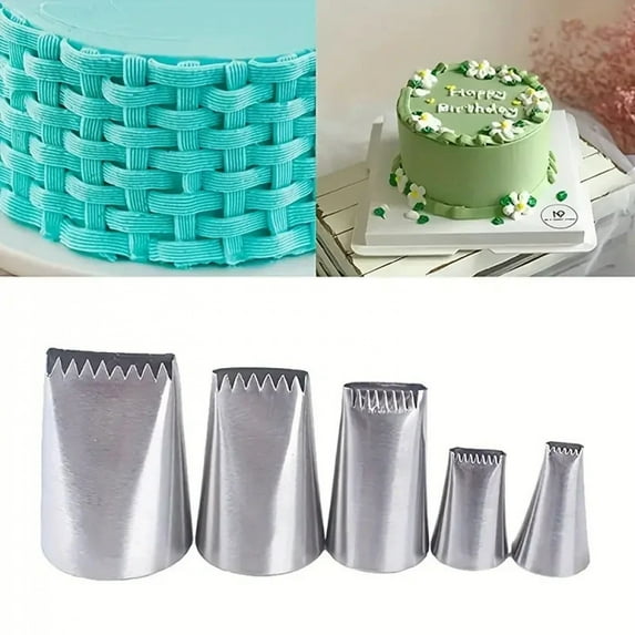 5PCS Stainless Steel Cake Piping Nozzle Set-Serrated&Flat Edge Tips Cake Icing Decorating Supplies DIY Cake Making Cream Cupcake