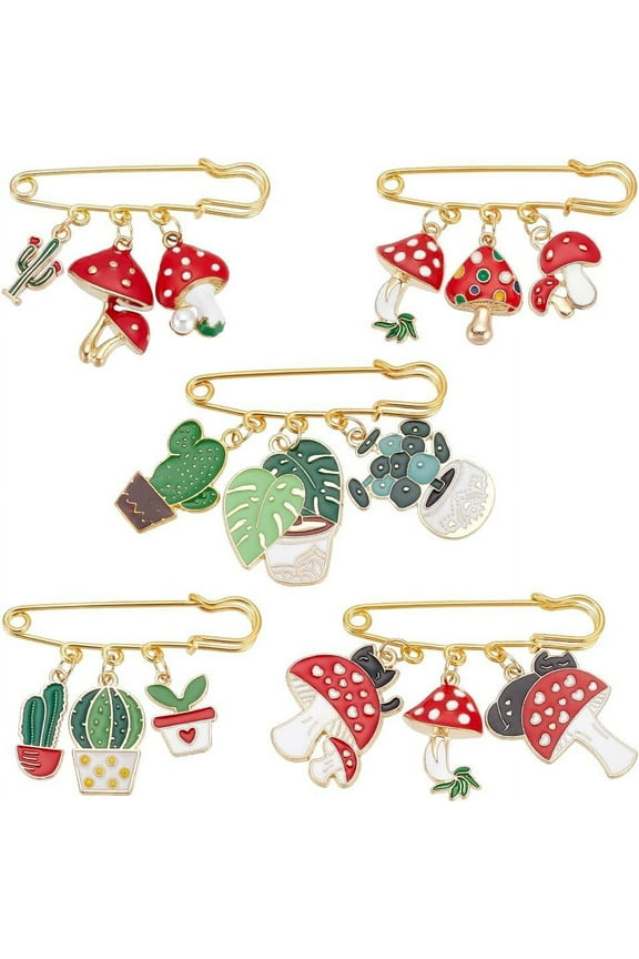5PCS Stainless Steel Safety Pin Brooches 5 Styles Alloy Enamel Brooches Fashion Sweater Shawl Clips Cactus Pot Mushroom Brooch Pins Jewelry for DIY Clothing Dress Decoration Accessories