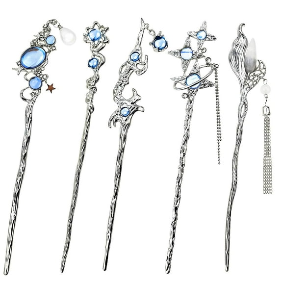 5PCS Star Moon Hair Sticks for Buns Long Hair Chinese Hanfu Asian Vintage Hair Chopsticks Metal Silver Hair Bun Updo Holders Long Hairpins for Women Girls