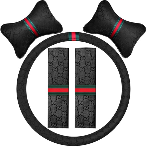 5PCS Steering Wheel Cover, with 2 Headrests, 2 Seat Belt Covers - Universal Fit for 14.5-15" Steering Wheel, Enhances Driving Experience - Perfect for Women (Black)