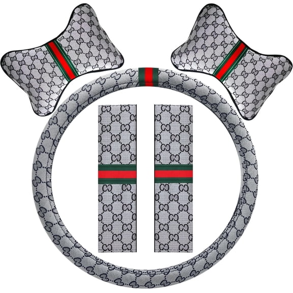 5PCS Steering Wheel Cover, with 2 Headrests, 2 Seat Belt Covers - Universal Fit for 14.5-15" Steering Wheel, Enhances Driving Experience - Perfect for Women (Gray)