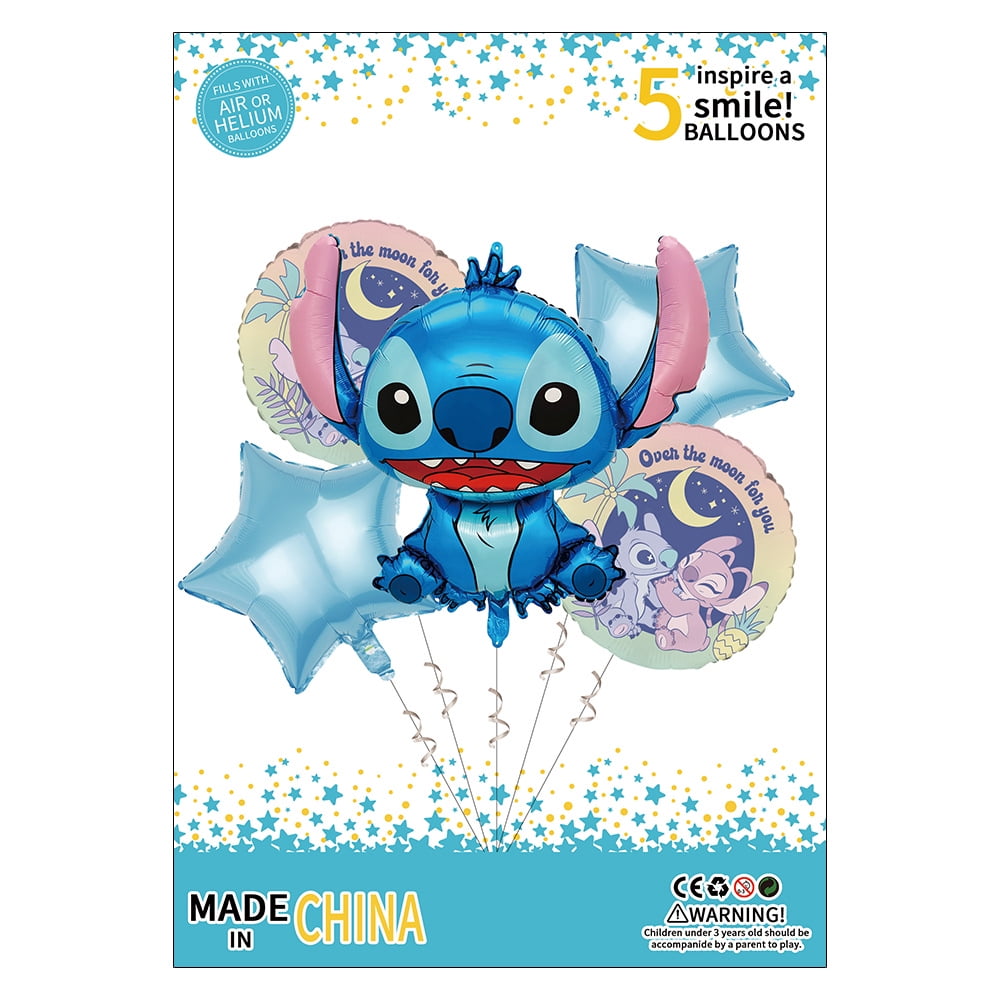 Lilo and Stich Experiment626 Foil Balloons 5PCS Set with String - Cartoon Birthday Party Decorations for Kids and Adults, Theme Celebration Supplies