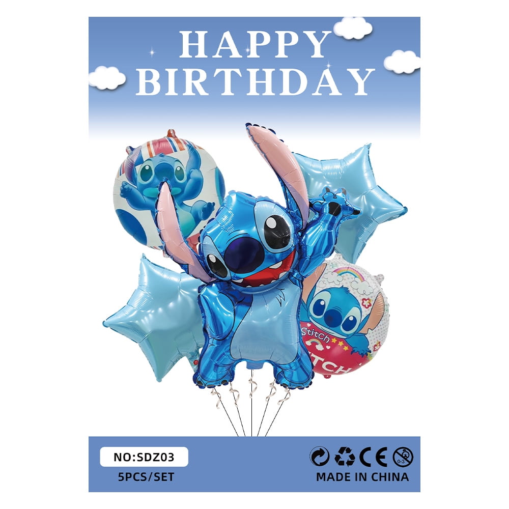 Lilo and Stich Experiment626 Foil Balloons 5PCS Set with String - Cartoon Birthday Party Decorations for Kids and Adults, Theme Celebration Supplies