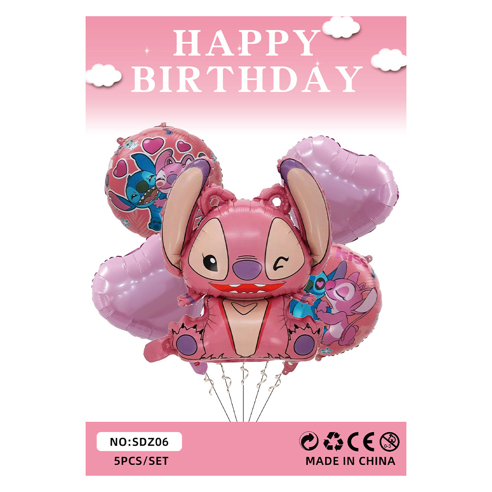 Lilo and Stich Experiment626 Foil Balloons 5PCS Set with String - Cartoon Birthday Party Decorations for Kids and Adults, Theme Celebration Supplies