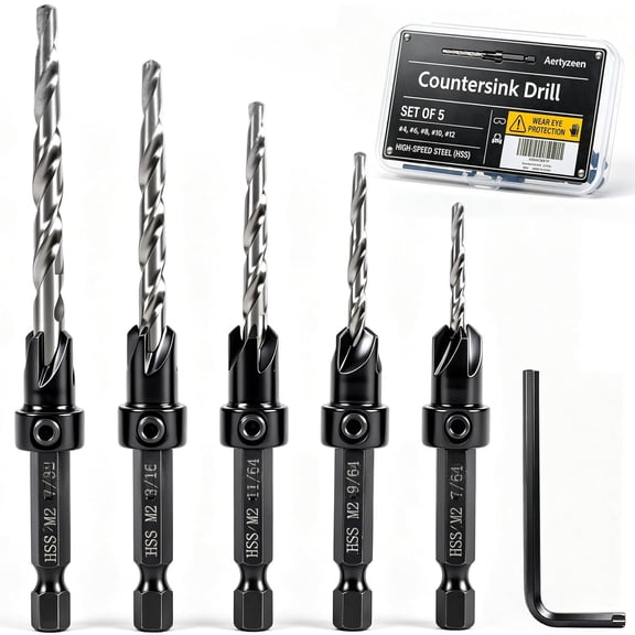 5PCS Tapered Countersink Drill Bit Set for Wood, #4#6#8#10#12, HSS, 1/4" Hex Quick Change Shank, Adjustable Depth Stop, Pilot Hole + Countersink