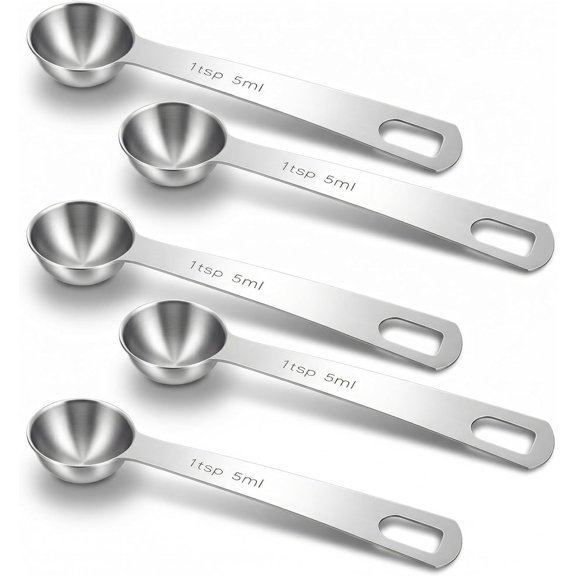 5PCS Teaspoon Measuring Spoon, 4.72 inch Stainless Steel 1 Tsp Measuring Spoon Set for Kitchen Ingredients (Silver, 5ml)
