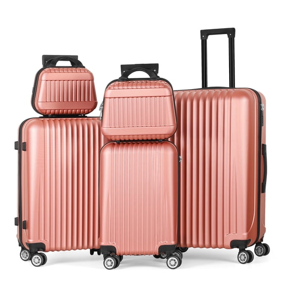 5PCS Vertical Striped Hardside Luggage Set with TSA Locks and 360° Spinner Wheels, Rose Gold
