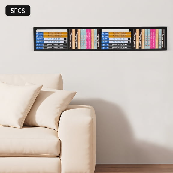 5PCS Wall Mount Media Storage Rack 34 Inch CD DVD Organizer Shelf Metal Floating Black 34.2*6.2*3